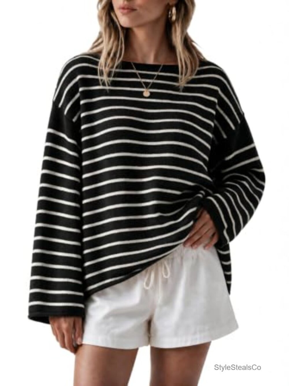 Oversized Striped Pullover Sweater Boat Neck Long Sleeve Knit Top